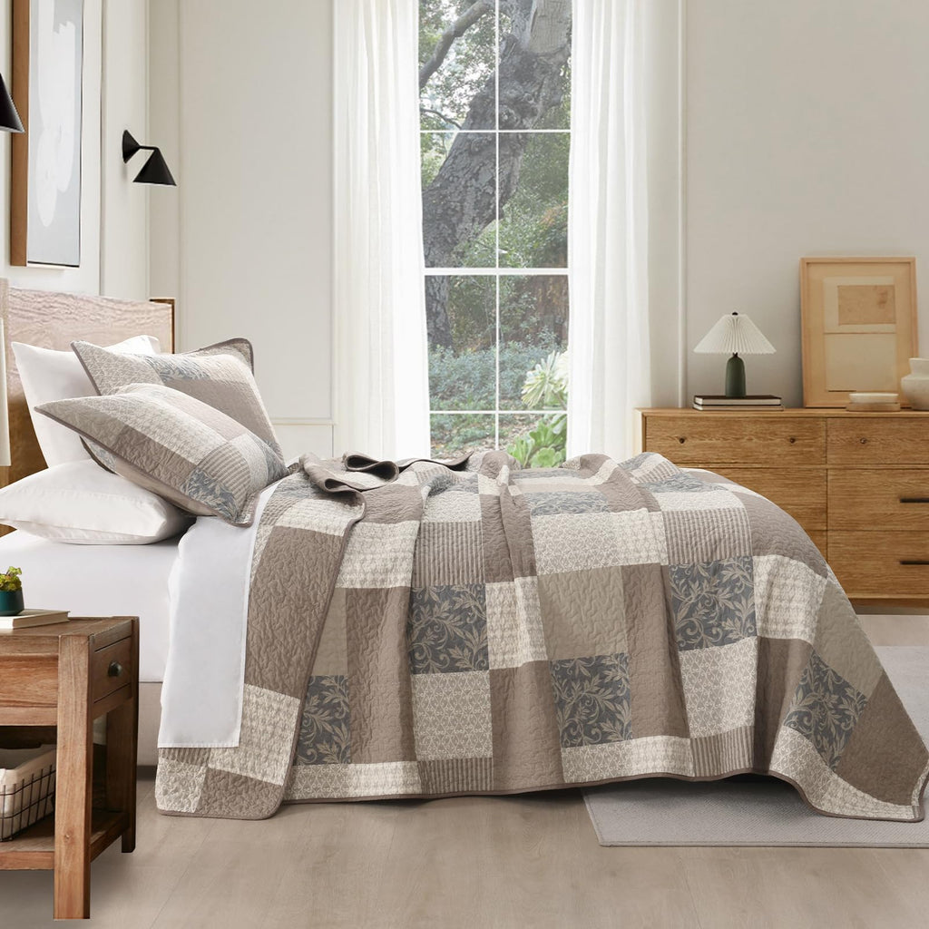 100% Cotton Quilt Set - Plaid Quilted Comforter, Patchwork Botanical Quilt Bedspread, Modern