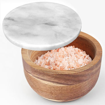 Acacia Wood Salt Cellar with white Marble Lid, 10oz Pinch Pot & Spoon