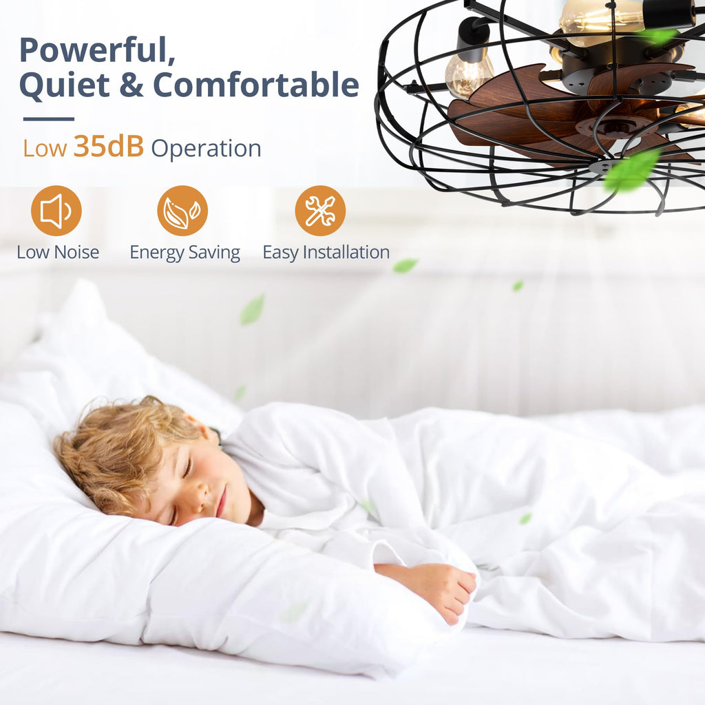 26" Caged Farmhouse Ceiling Fans with Lights and Remote/App, Black