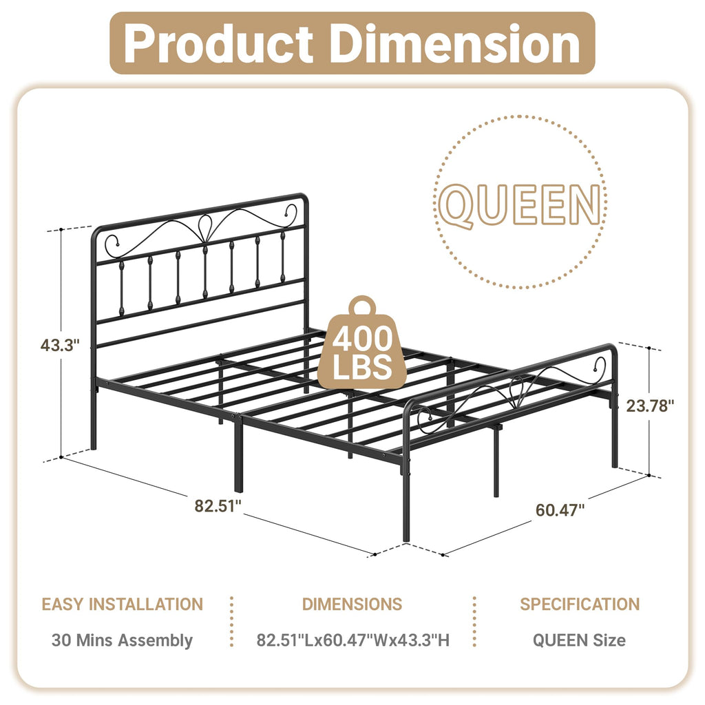 Queen Bed Frame with Victorian Style Headboard Metal Bed Frame Queen Size with Storage Space No Box Spring Needed