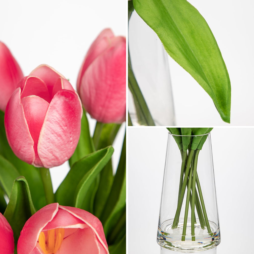Fake Tulips Artificial Tulip Flowers in Glass Vase with Faux Water, 14.2" Real Touch Pink Tulip Flowers Spring Décor