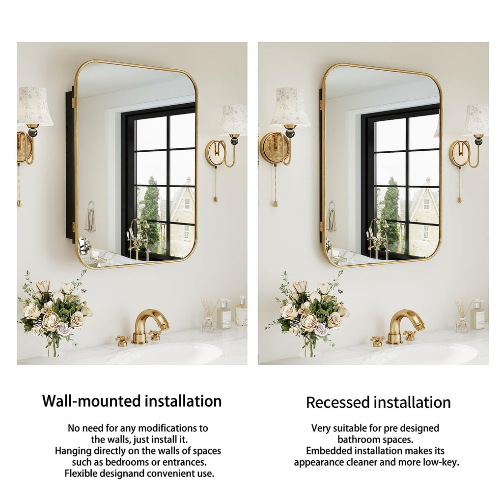 16"x24" Gold Bathroom Medicine Cabinet Rounded Rectangle Mirror