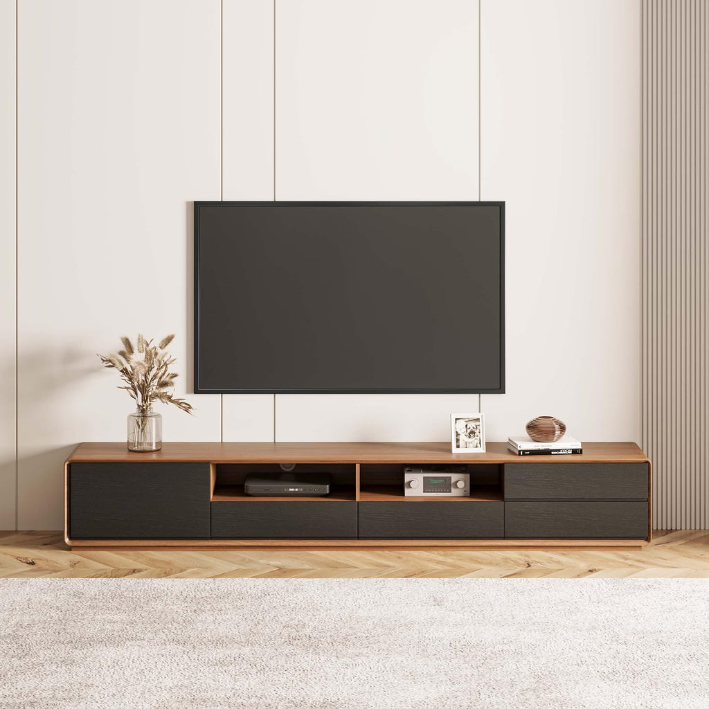 Modern 94" Solid Wood TV Stand, Lowline Media Console with 4 Drawers, Open Storage Cabinet, Walnut Veneer