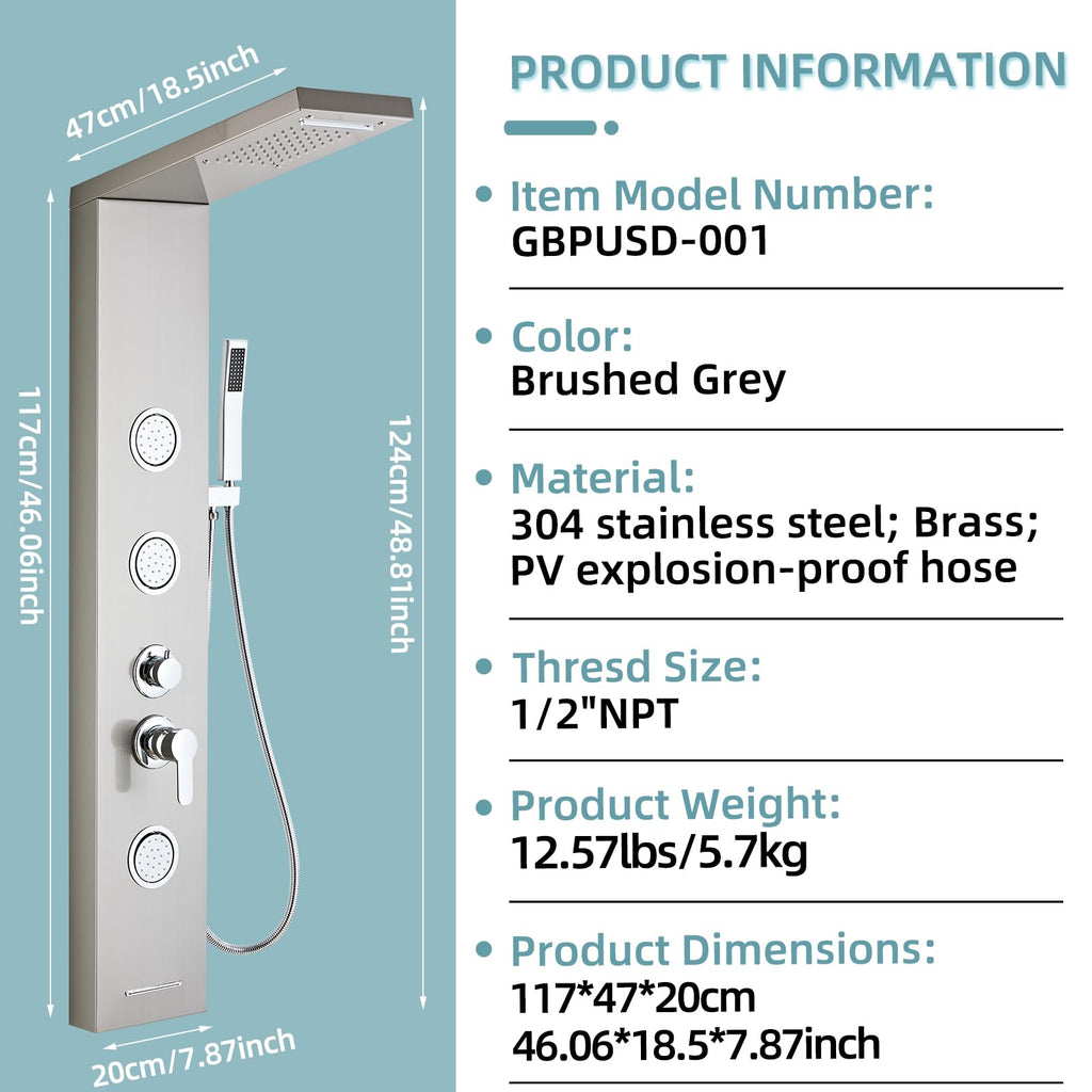 5-In-1Shower Panel Tower System-Brushed Gray