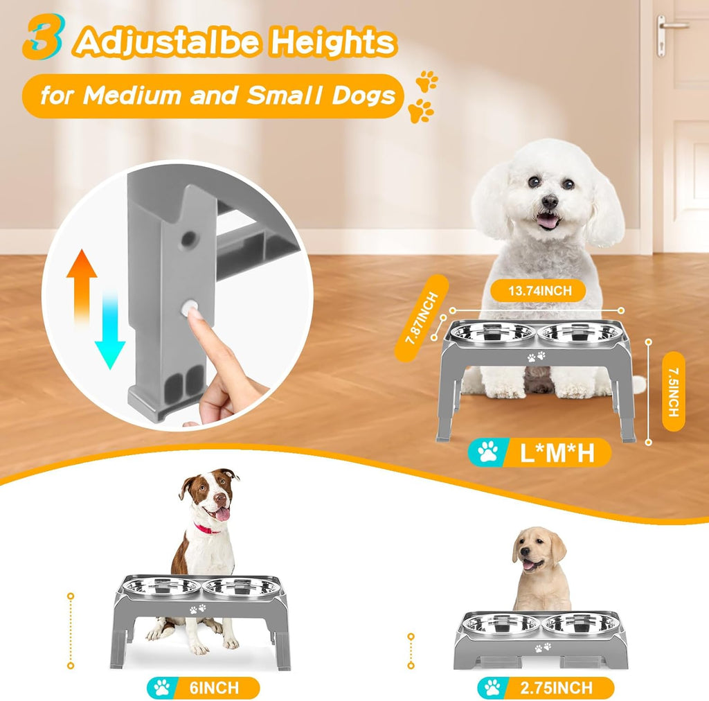 Elevated Dog Bowls for Small Medium Dogs, 3 Height Adjustable Raised Stand with 2 Thick 6" Stainless Steel Food