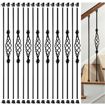 16 Pack Balusters for Staircase Interior Hollow Big Basket and Straight Stair Spindles 1/2" Square Iron Balusters
