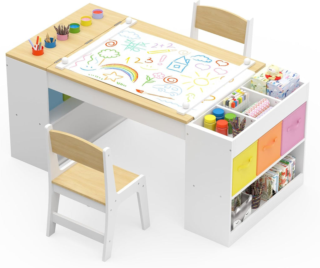 Kids Art Table and 2 Chairs Set, Wooden Craft Desk with 2 Storage Shelves, 6 Storage Bins & Paper Roll for Drawing