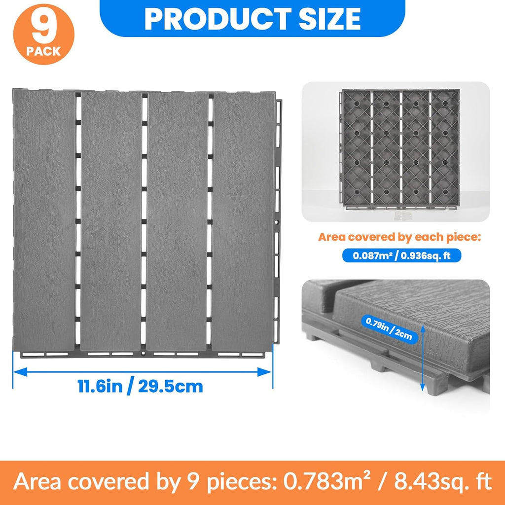9 PCS Plastic Interlocking Deck Tiles, 11.6" x 11.6" Patio Flooring Outdoor Waterproof All Weather Use, Decking Tiles