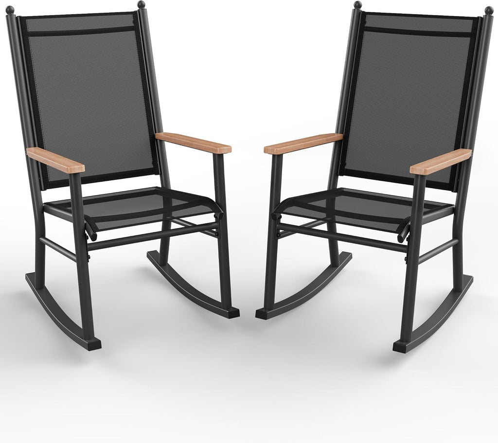 Outdoor Rocking Chairs Set of 2,Upgraded High Back Patio Rocking Chair Set,Breathable Textilene Fabric Outdoor