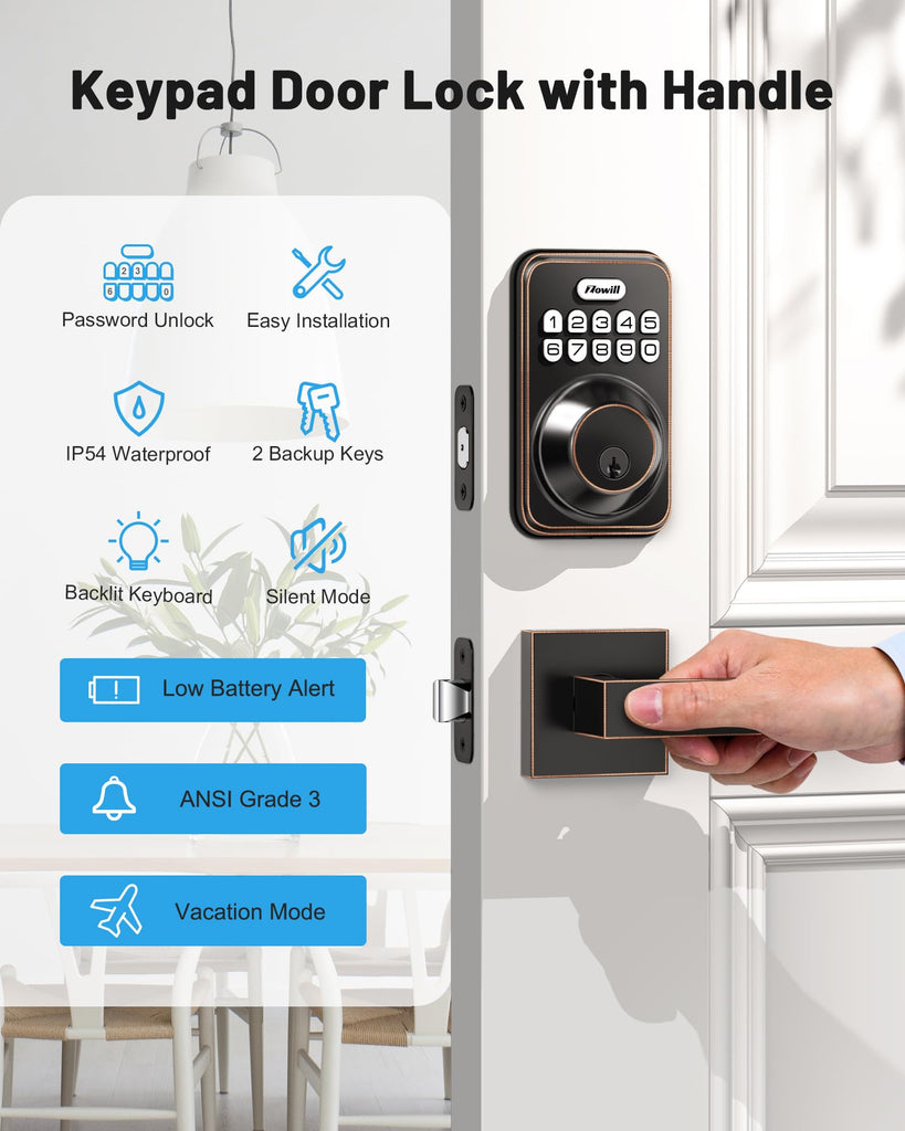 Keyless Entry Keypad Deadbolt Lock with Handles, Oil Rubbed Bronze