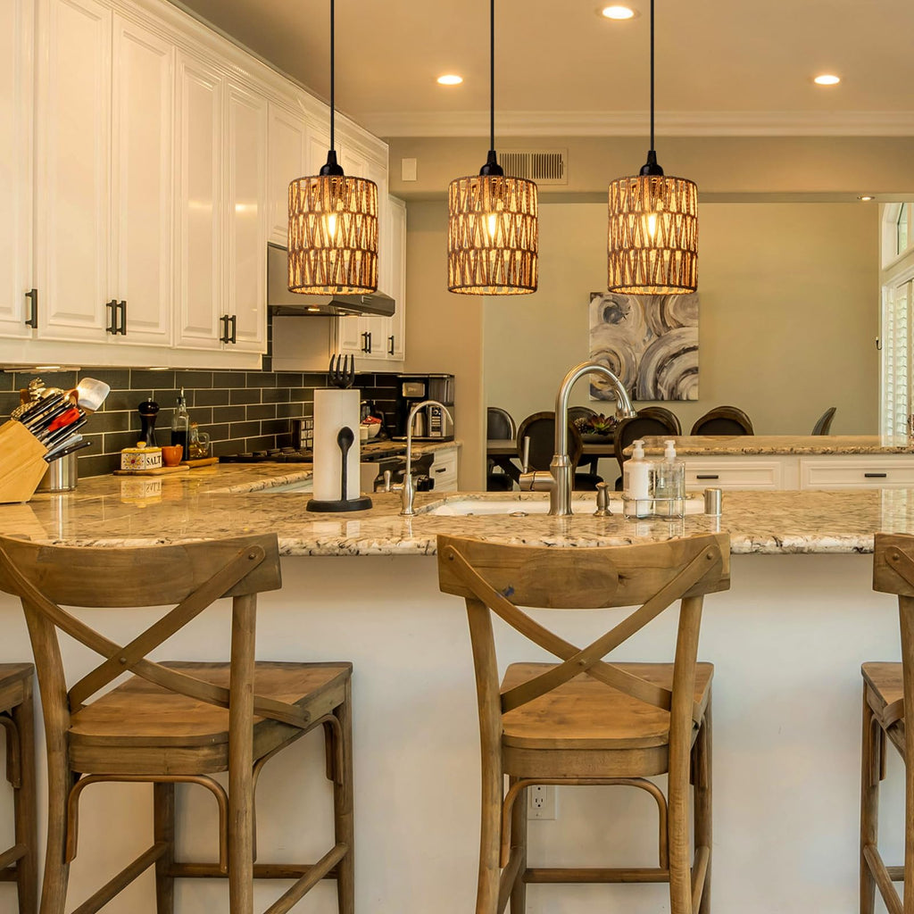 Battery Operated Chandelier, Battery Hanging Pendant Light, Rattan Lights with Warm White Bulb, 4*AA Battery Powered