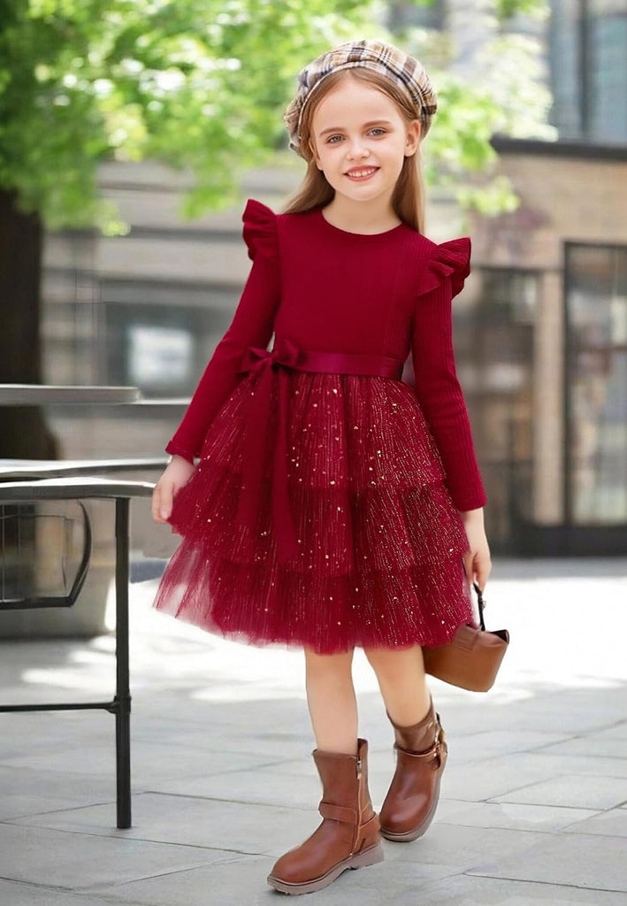 Toddler Dress Girls Ruffle Long Sleeve Layered Tulle Dress Fall Spring Fashion Party Dresses