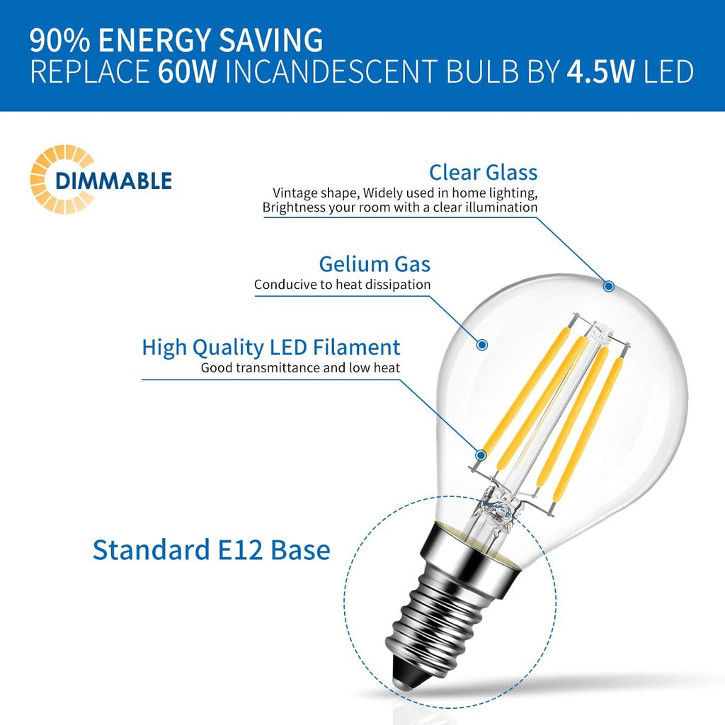 E12 G14 LED Globe Round Light Bulb Dimmable, 4.5W Eqv 60W, 6 Pack