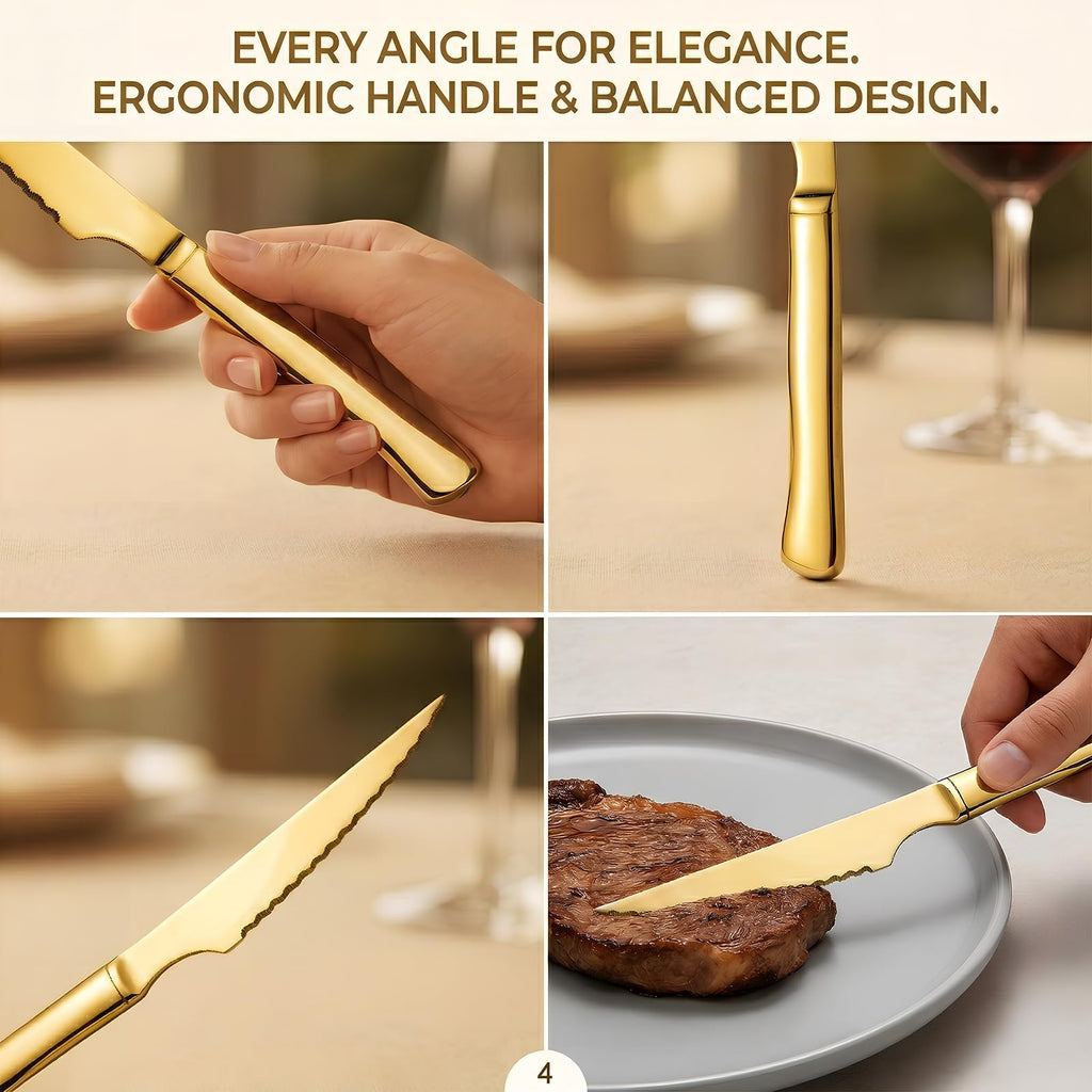 Gold Steak Knives, Ultra-Sharp Stainless Steel Cutlery Set, Dinner Knifes 6-Piece Stainless Steel kitchen Serrated Best