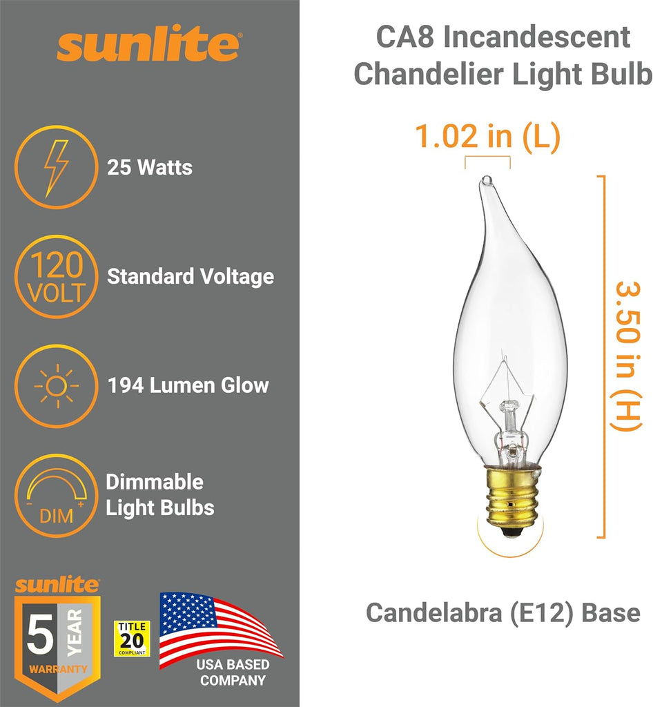 CA8 Incandescent Petite Chandelier Light Bulb, 25 Watts, Clear, 194 Lumens, 120 Volts, Candelabra (E12) Base, Flame