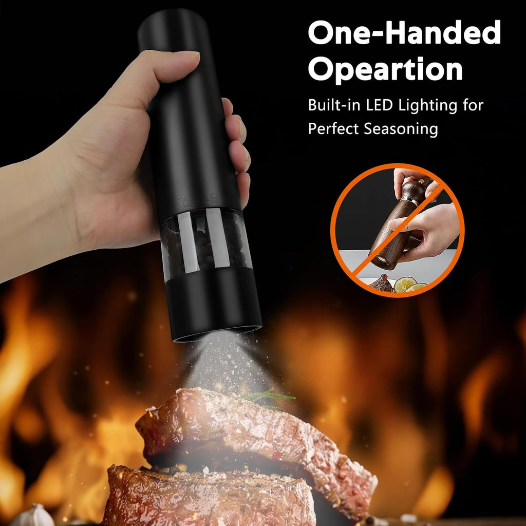 Rechargeable Electric Salt and Pepper Grinder Set, Automatic Pepper Mill with Adjustable Coarseness & One-Hand - Set of 2