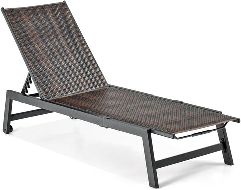 Patio Chaise Lounge Chair - Outdoor PE Rattan Recliner Chair with Wheels, 5-Position Adjustable Backrest, Steel Frame
