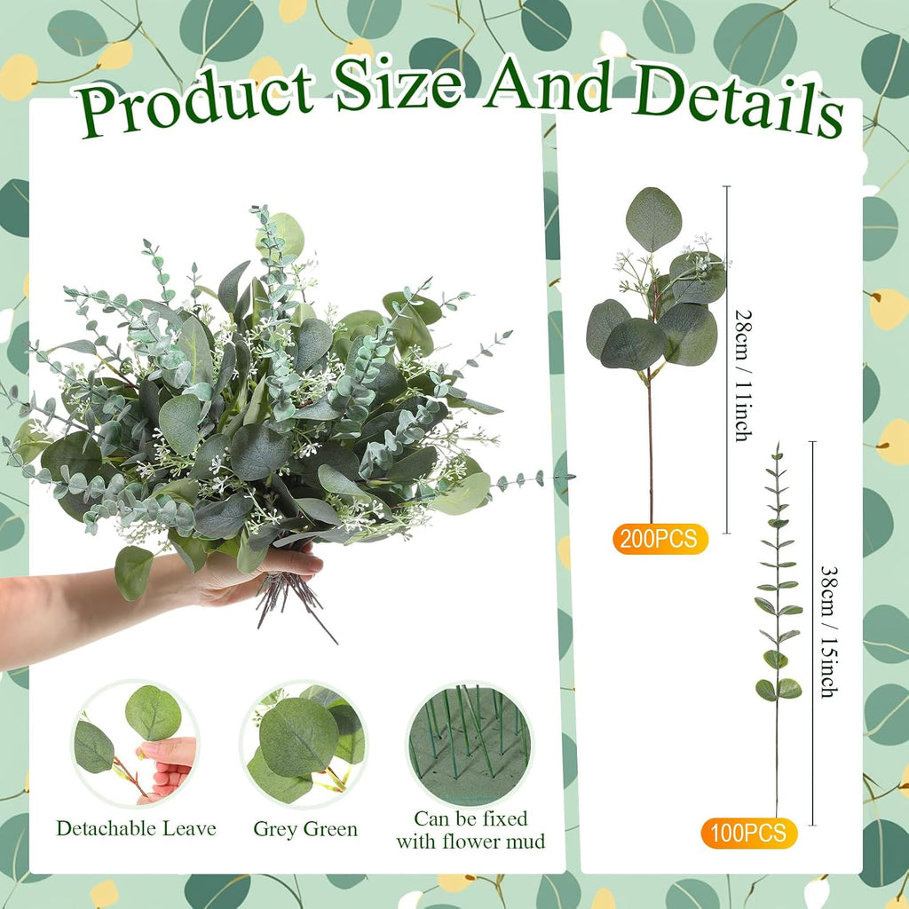 Artificial Eucalyptus Stems, 2 Styles Faux Greenery Leaves with Silver Dollar and Small Leaf Sprays - Set of 300