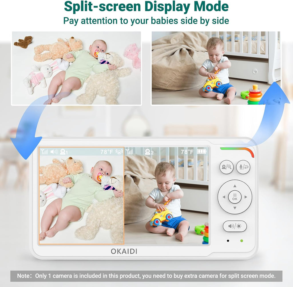 6" IPS Screen Baby Monitor with Camera and Audio, Pan-Tilt-Zoom