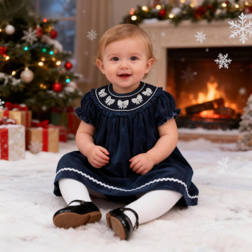 Baby and Girls Blue Velvet Silver Bows Smocked Ruffle Bishop Dress