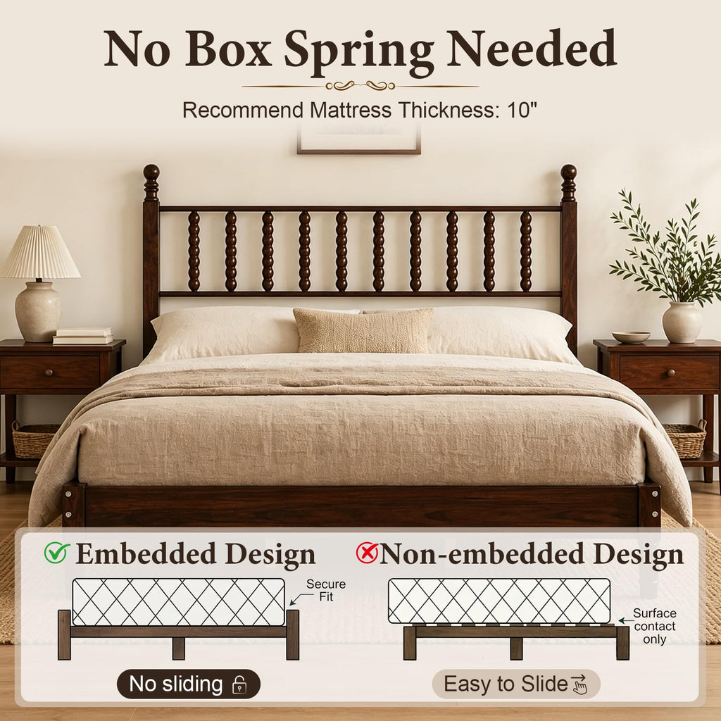 Vintage Wood Bed Frame Queen Size with Spindle Headboard, Walnut