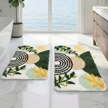 Boho Abstract Gold Plant Bathroom Rug Set 2 Piece Fluffy Microfiber Non-Slip Water Absorbent Bath Mat Soft Washable