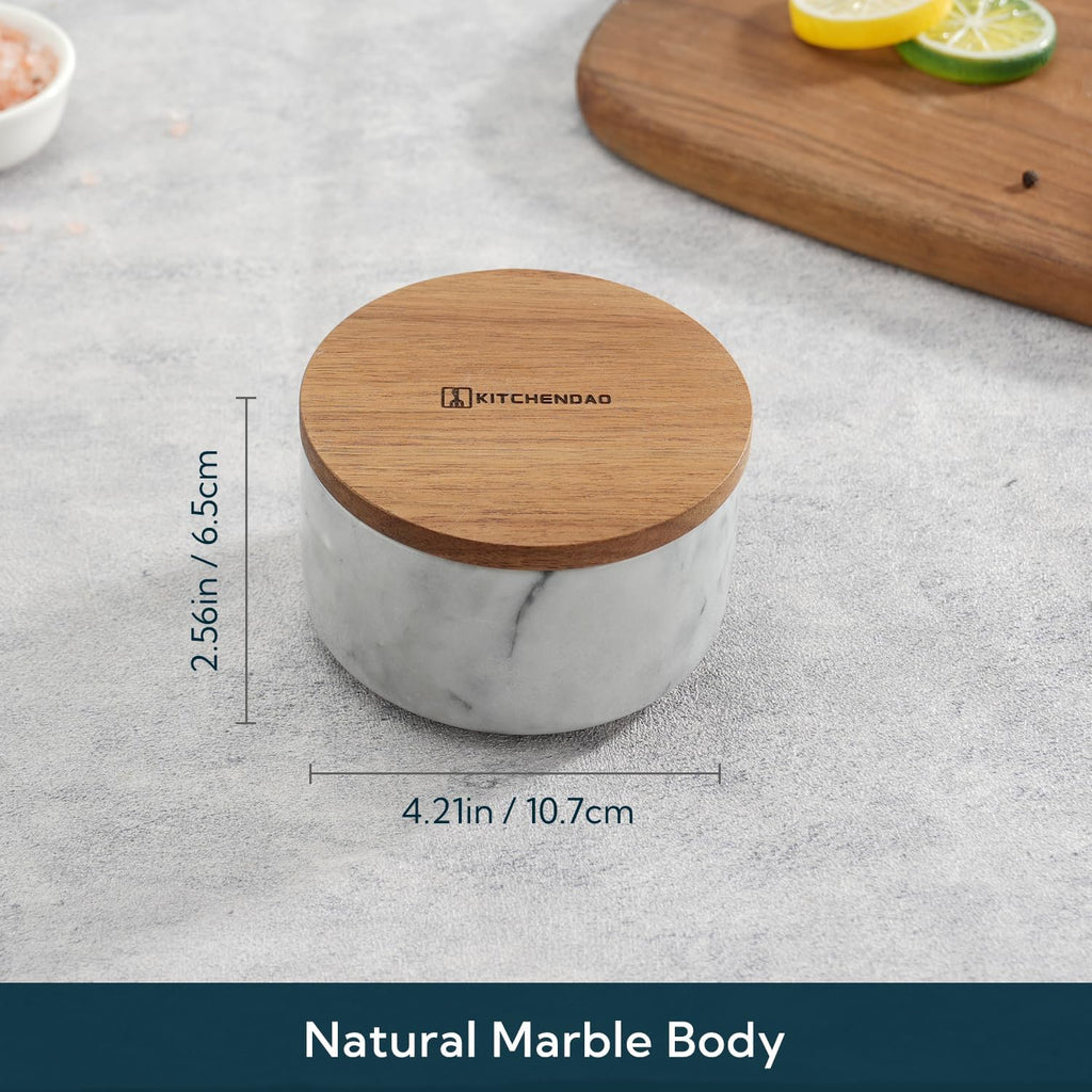 Marble Salt Cellar Box Bowl with Magnetic Built-in Spoon, Marble Salt Container with Acacia Wood Lid & Spoon, Elegant