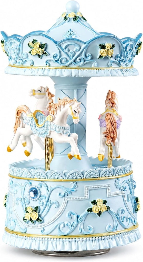 Lighted Rotating Carousel Music Box, Wind Up Musical Merry-Go-Round Figurine, Hand Painted Vintage Blue Collectible