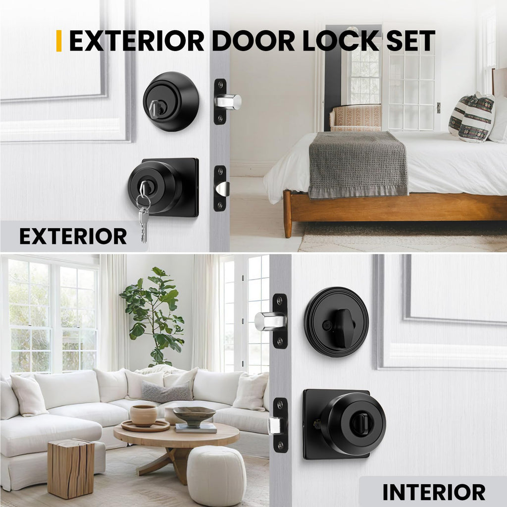 Exterior Deadbolt and Keyed Entry Door Knob Set, Key Entry Front Black Door Knob with Lock and Key (3 Pack)