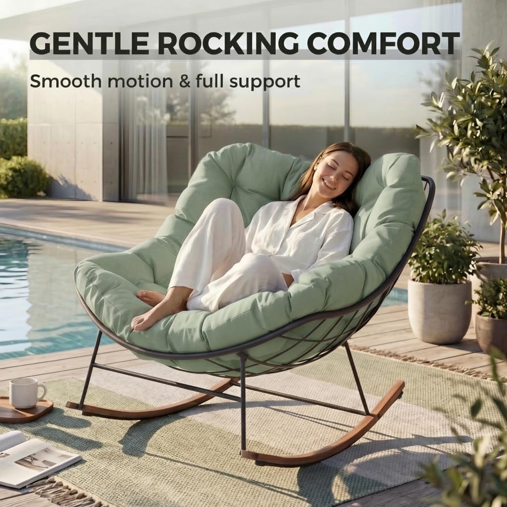 Outdoor Papasan Rocking Chair with Thick Cushion, Sage Green