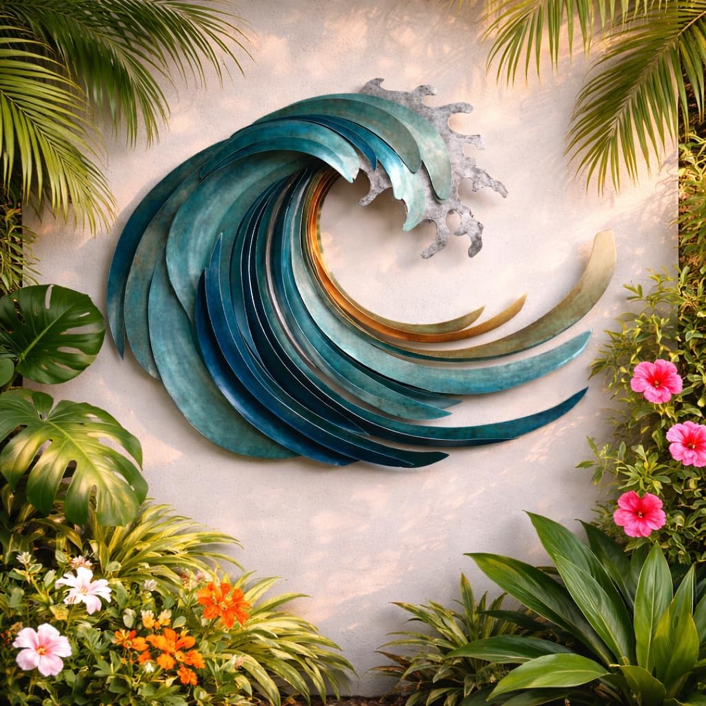 Ocean Wave Metal Wall Art, Large 3D Teal Coastal Decor, Nautical Coral Sculpture, Beach House Patio Sign, Seaside