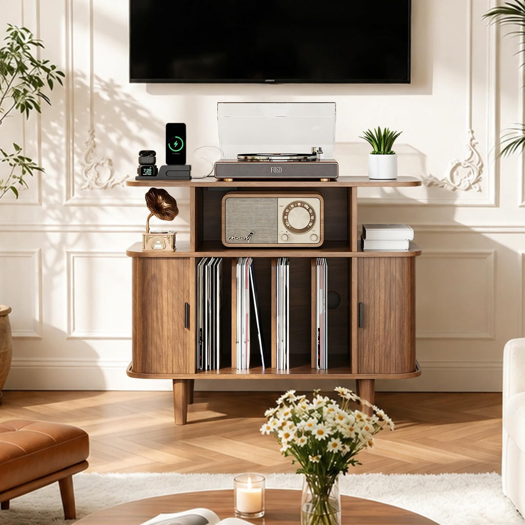 Record Player Stand with Charging Station