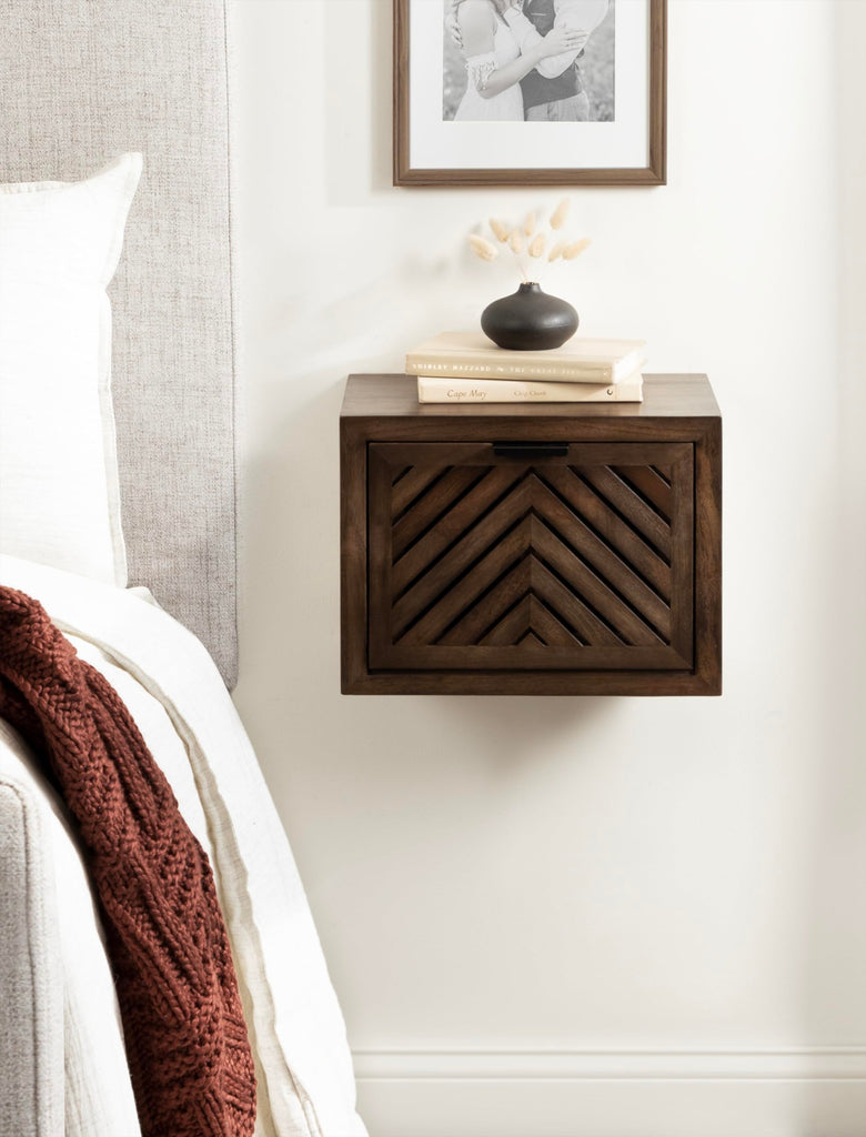 Mezzeta Modern Floating Shelf Side Table with Storage Cubby; 16 x 10 x 12; Natural Wood; Decorative Slatted Wood