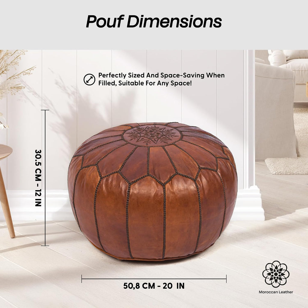 Pouf Ottoman Cover, Unstuffed Foot Stool, Round Boho Footrest Decor Gift (Dark Tan By Brown)