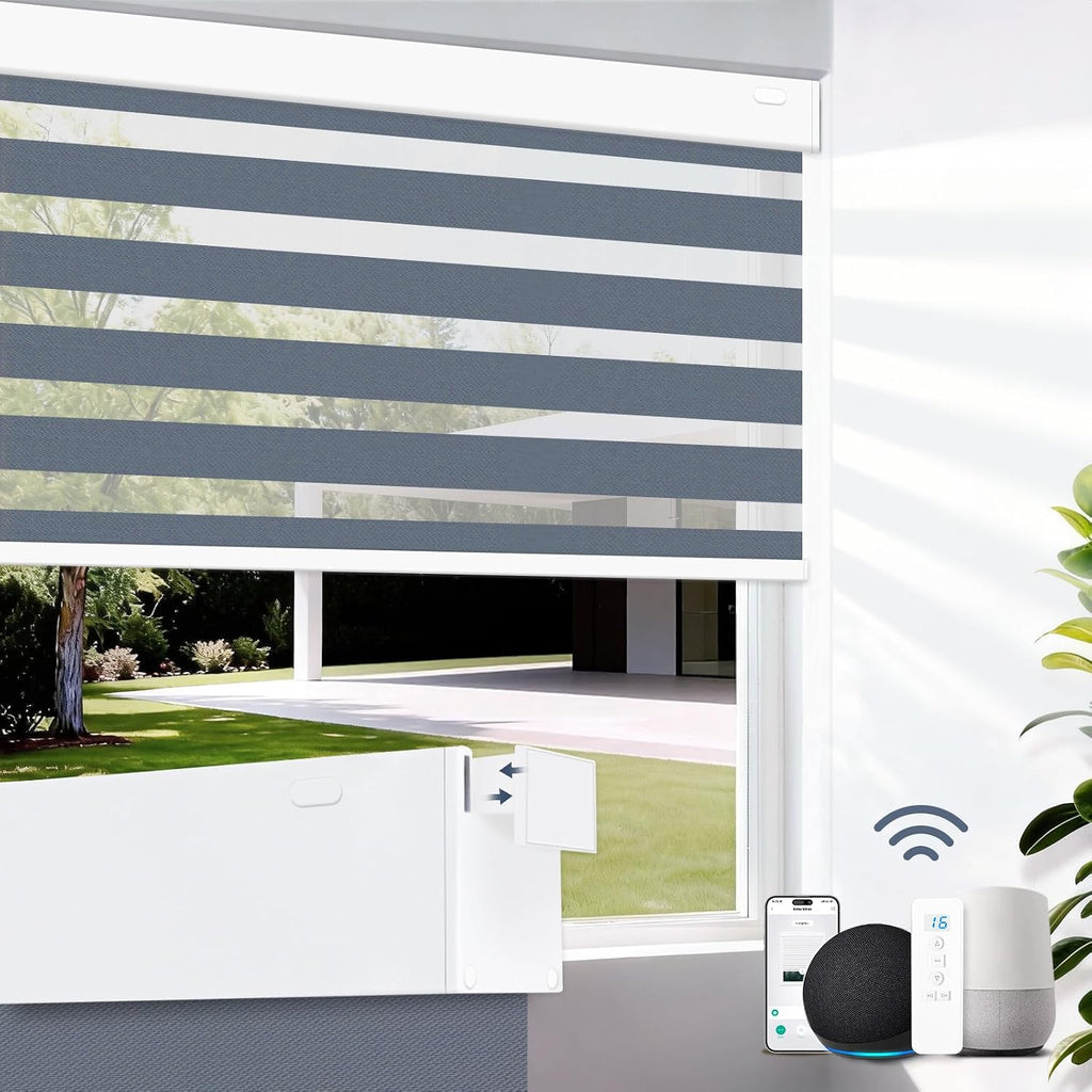 No Drill Motorized Blinds with Remote 95% Blackout Smart Electric Zebra Shades Built-in Rechargeable Automatic Blinds