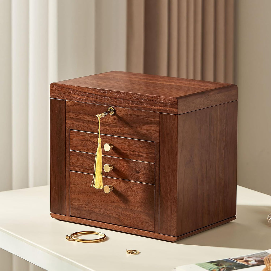 Black Walnut Wooden Jewelry Box for Women, 4 Layer