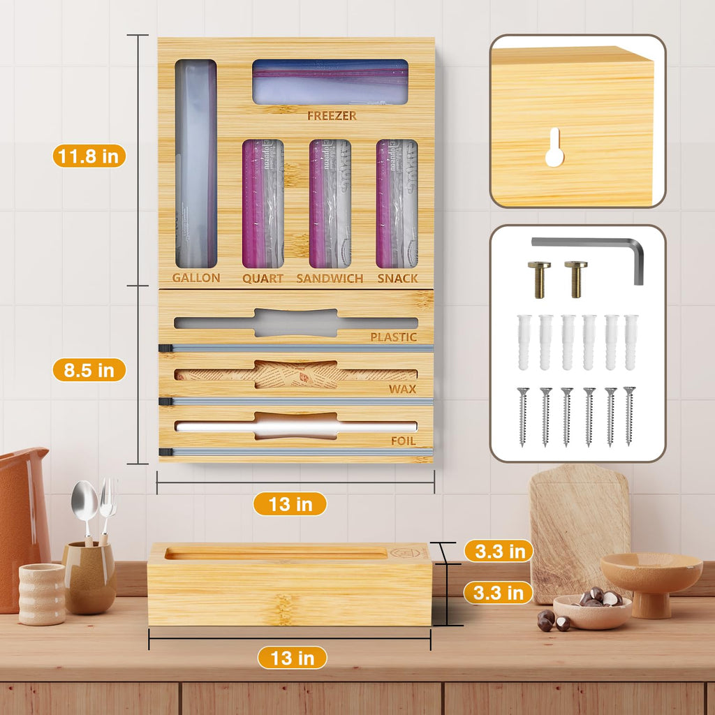 9-in-1 Bamboo Kitchen Drawer Organizer for Storage Bags and Wrap