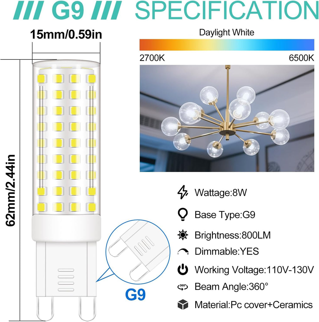 G9 LED Bulb Dimmable 8W 6000K 60W-80W Halogen 800LM
