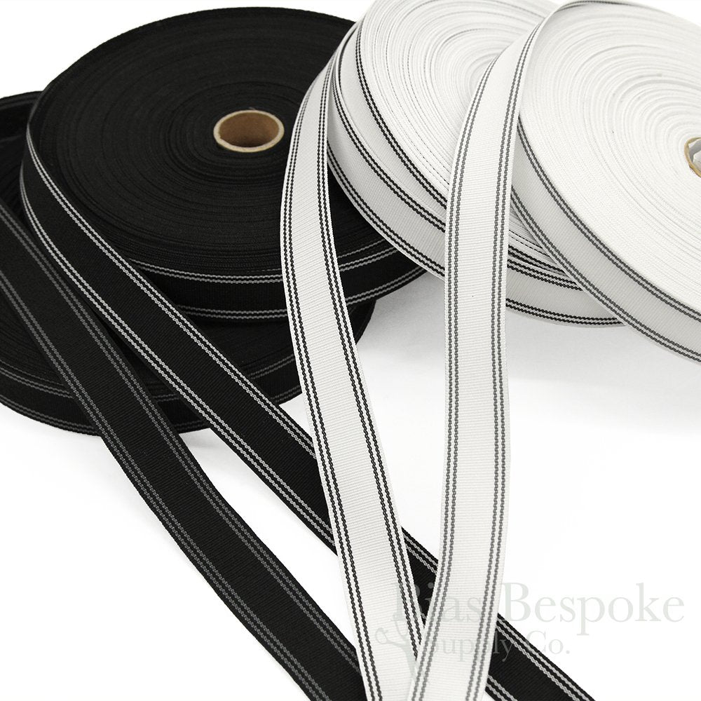 Stiff Petersham Non-Roll Waistbanding, White with Black Stripes, Sold By The Yard, Made in Poland