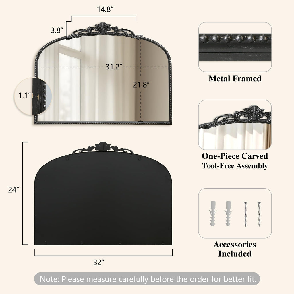 Vintage Black Arched Mirror: 32"x24" Baroque Antique Vanity Mirror