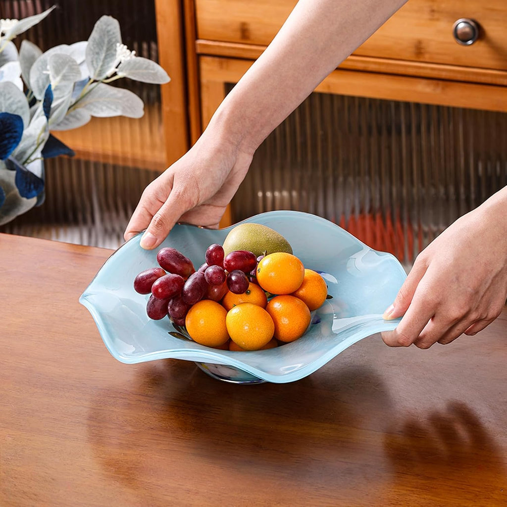Hand Blown Murano-style Art Glass Bowl, 10.2-Inch Large Decorative Centerpiece for Table, Cobalt Blue Fruit Display &