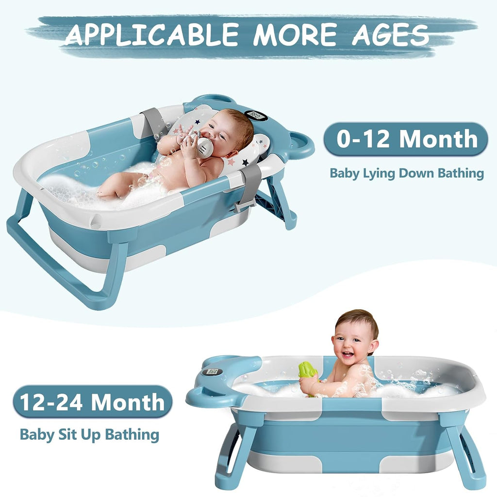 Collapsible Baby Bathtub for Newborn with Thermometer & 1 Hooded Towel & 1 Soft Floating Cushion,Portable Travel