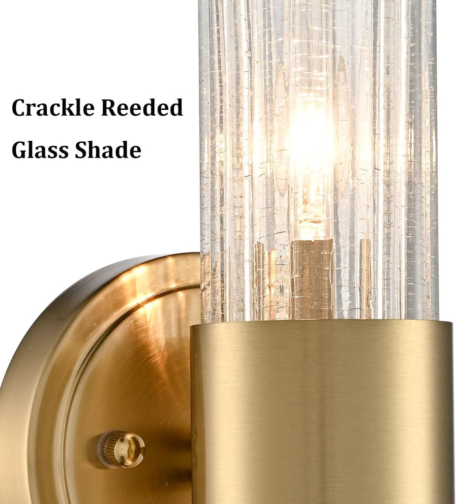 Modern Gold Wall Sconce with Crackle Reeded Glass Shade | Gold 2-Light Wall Light, E12 Indoor Wall Lighting for