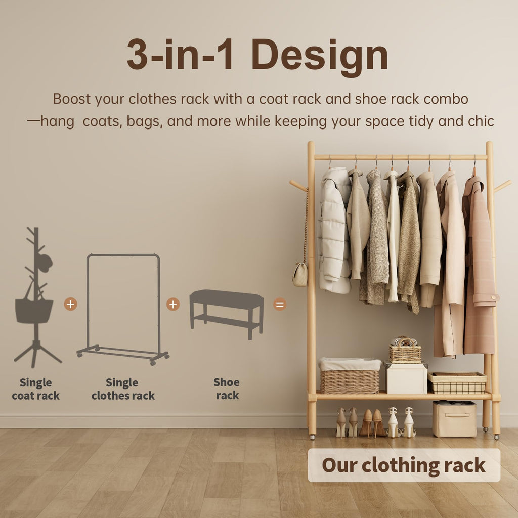 Solid Wood Clothing Rack On Wheels for Hanging Clothes, Natural