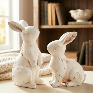 Vintage Easter Bunny Decor White Resin Rabbit Figurines - Set of 2