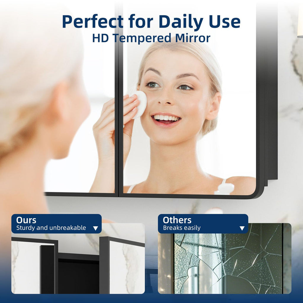 Bathroom Medicine Cabinet with Mirror 24 x 30 Inch, Black Medicine Cabinet Recessed or Surface Wall-Mounted, Mirrored