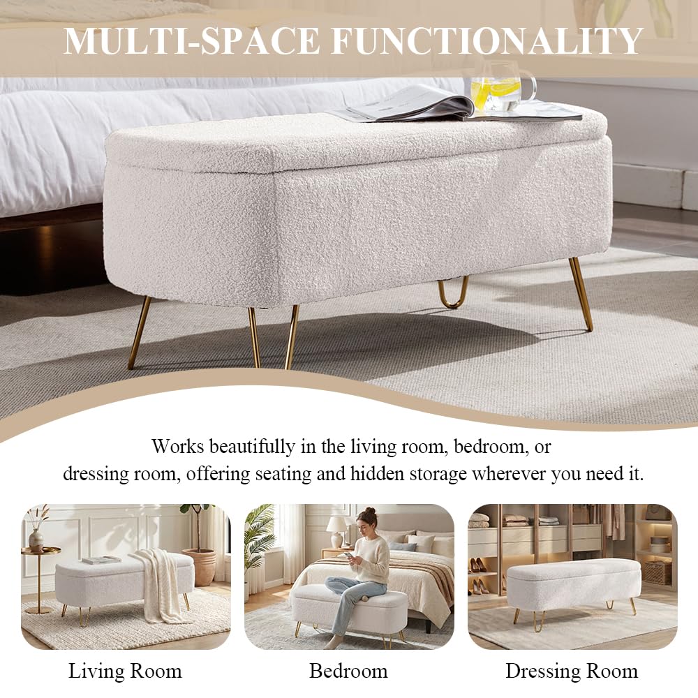 Modern Storage Ottoman Bench, Teddy Upholstered Entryway Bench with Gold Legs, Vintage End of Bed Bench with Safety