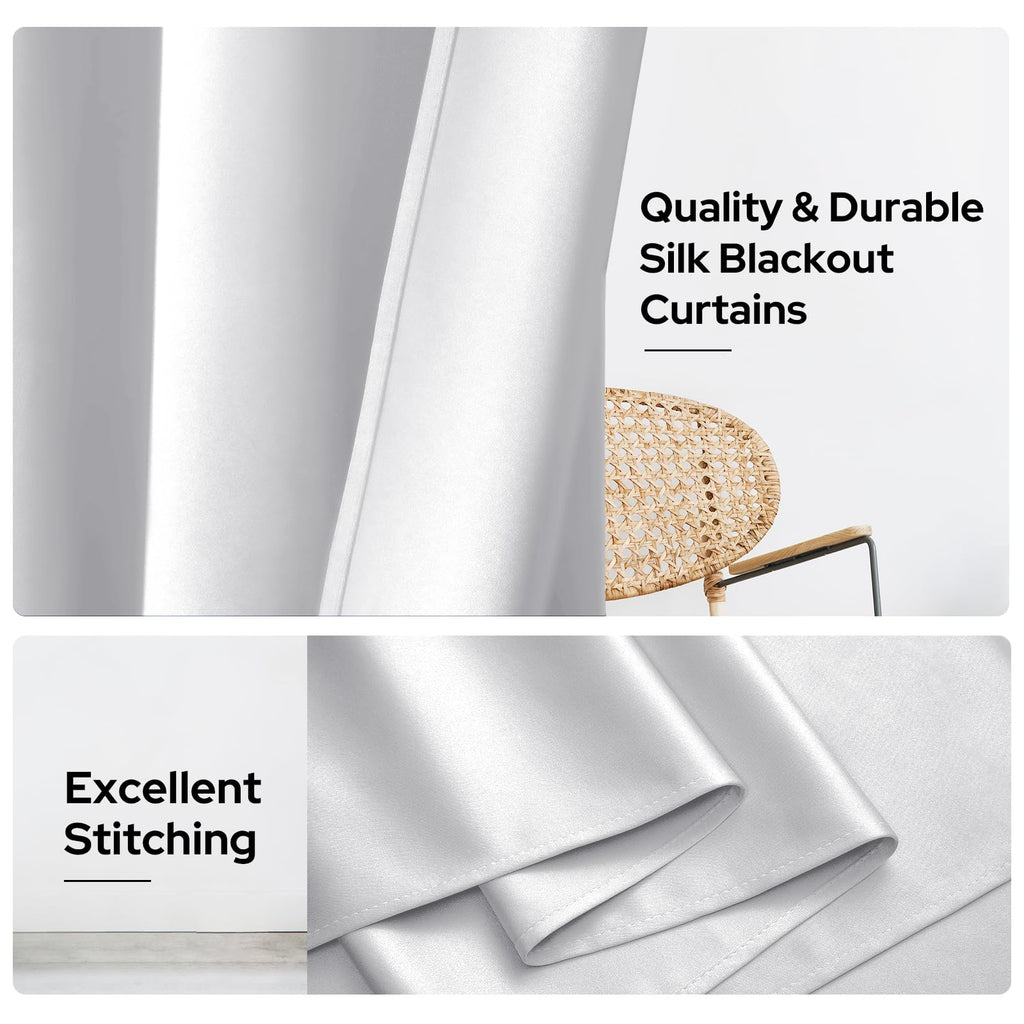Faux Silk Greyish White Blackout Curtains 52W x 96L 2 Panels