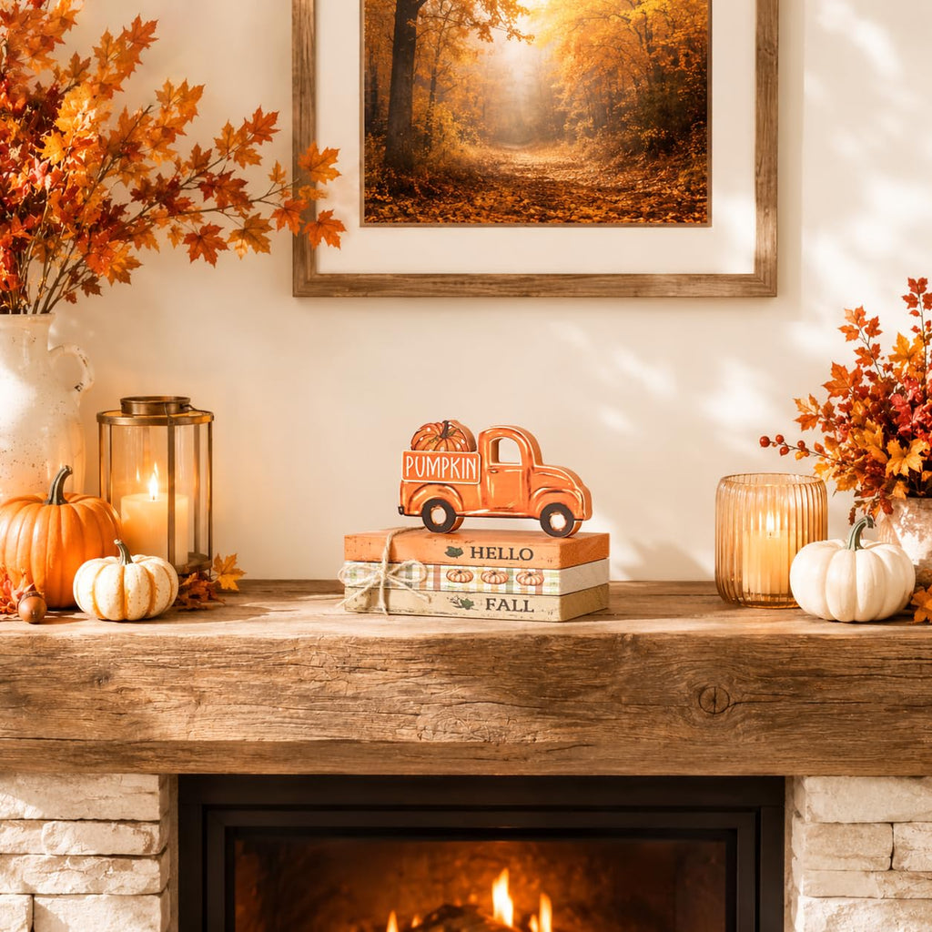 Smile Fall Wooden Decor Signs, Truck Pumpkin HELLO FALL PUMPKIN Tiered Tray Tabletop Signs for Autumn Harvest