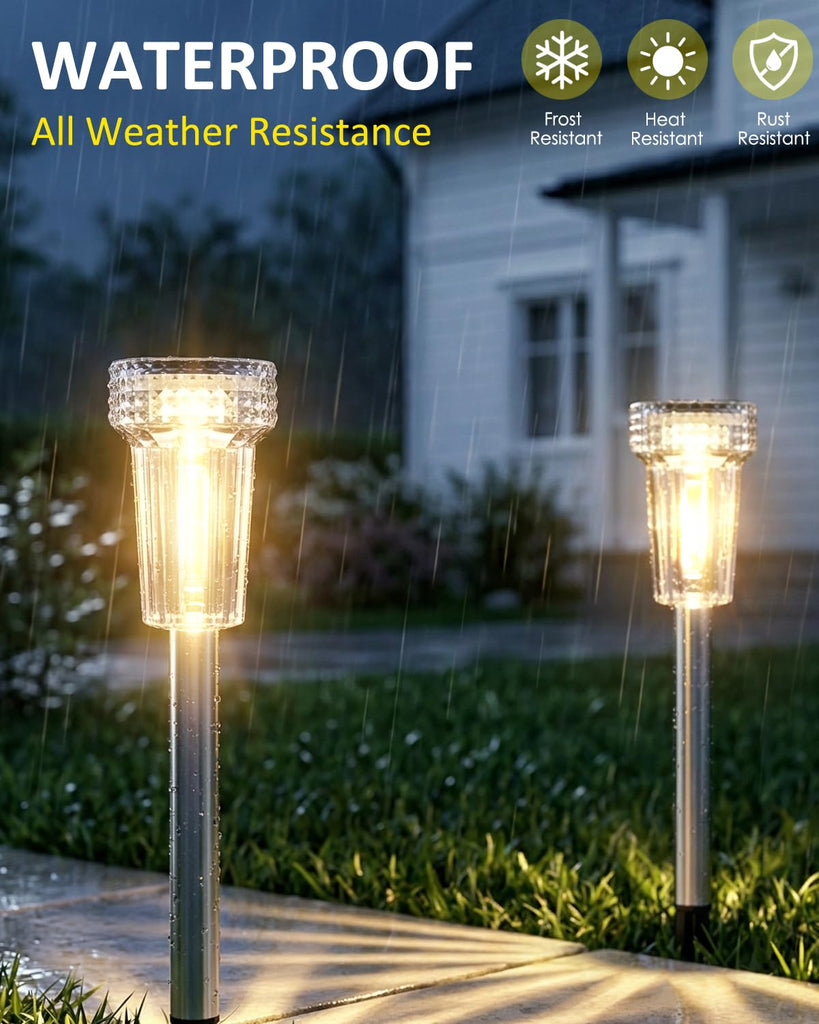 12 Pack Solar Pathway Lights Outdoor, Solar Powered Garden Lights Auto On/Off, Waterproof Stainless Steel Pole